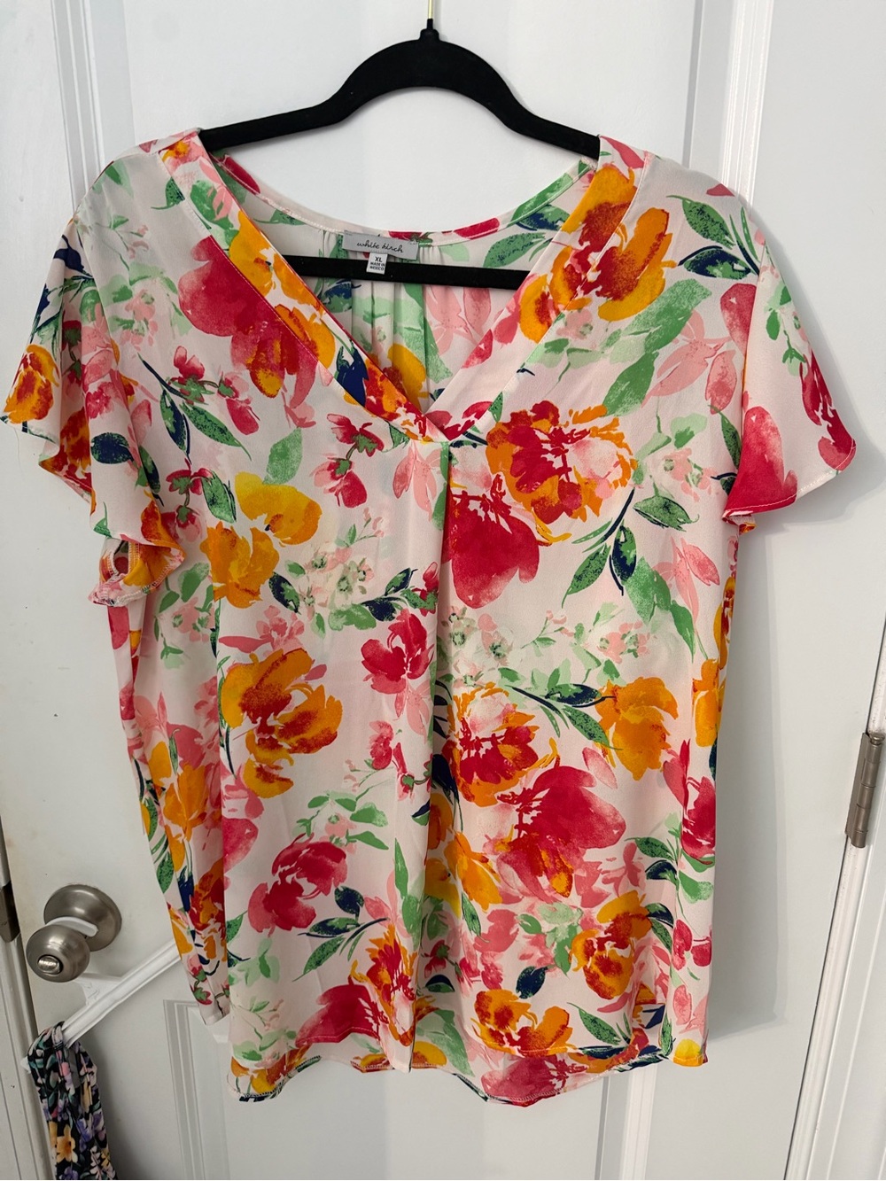 white birch Floral V-Neck Flutter Sleeve Blouse - Pink, Yellow, Green